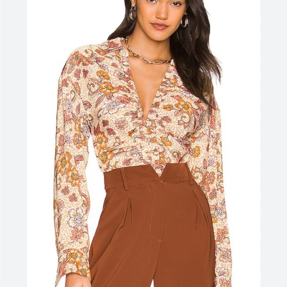 Free People Floral V-Neck Blouse - Cream and Brown